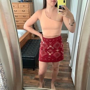 Francesca’s Red Embroidered Suede Skirt
